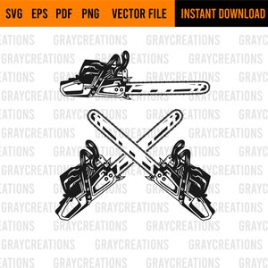 May include: Black and white illustration of two crossed chainsaws. The chainsaws are detailed with sharp teeth and a handle.