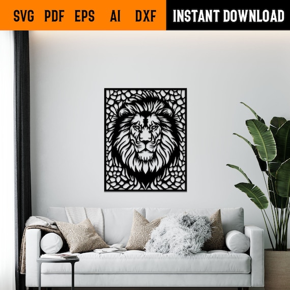 Lion face wall art svg,dxf, EPS,AI and PDF files.plasma cut file,wall art dxf,laser cut files,Glowforge files, lion panel svg