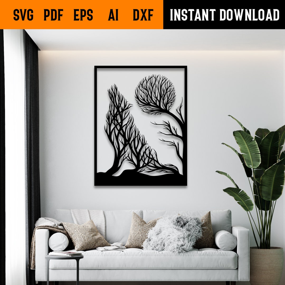 Wolf Full Moon Tree Wall Art Svg,dxf, EPS,AI and PDF Files.plasma Cut File,wall Art Dxf,laser