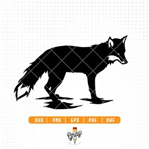May include: A black silhouette of a fox in a walking pose. The fox has a bushy tail and pointed ears. The image includes file type options: SVG, PNG, EPS, PDF, and DXF. The Gray Creations Art logo is at the bottom.