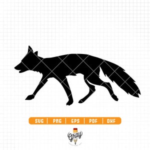 May include: Black silhouette of a fox running to the right. The fox is facing the left side of the image. The image is on a white background with a grid pattern.
