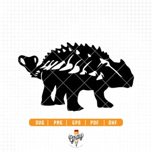 May include: Black silhouette of an Ankylosaurus dinosaur with bony plates on its back and a clubbed tail.