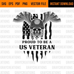 May include: Black and white graphic design featuring a skull wearing a military helmet with wings made of bullets. The skull is in front of a distressed American flag with the text "Proud to be a US Veteran".
