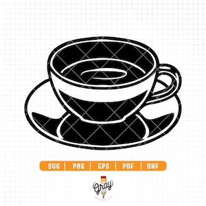 May include: A black and white silhouette of a coffee cup and saucer. The cup is filled with liquid and has a handle. The saucer is round and has a slightly raised edge.