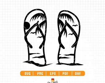 Op de afbeelding: Zwarte en witte silhouet van een paar slippers met palmbomen en vogels in het ontwerp.