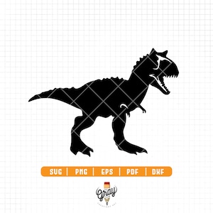 Puede incluir: Silueta negra de un dinosaurio con una cabeza grande y dientes afilados. El dinosaurio está de pie sobre sus cuatro patas con la cola levantada.