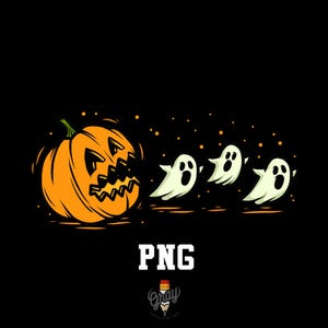 Puede incluir: Gráfico de Halloween con una calabaza naranja tallada y tres fantasmas blancos sobre un fondo negro. La palabra "PNG" se muestra en blanco, con un logotipo debajo. La calabaza tiene una boca dentada.