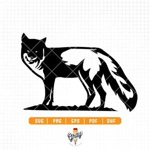 May include: Black and white silhouette of a fox standing on a ground surface. The fox is facing the left side of the image. The fox has a bushy tail.
