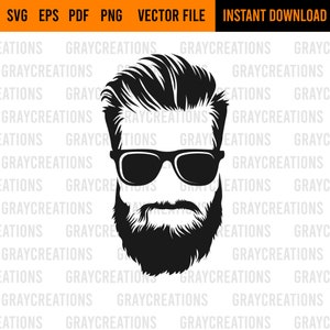 May include: Black and white silhouette of a man with a beard and sunglasses. The man has a short, styled haircut.