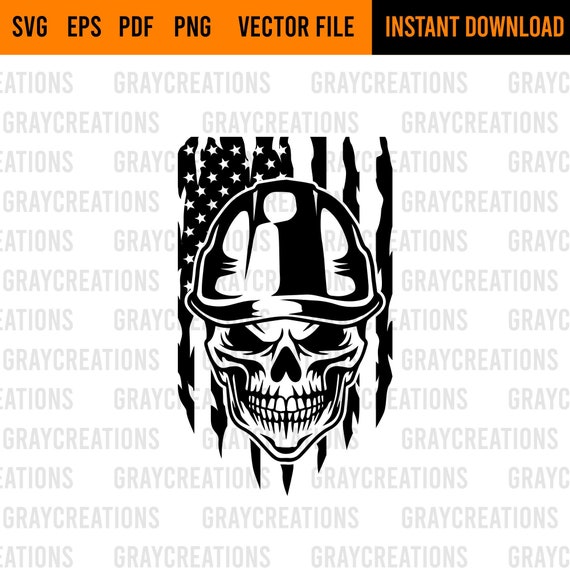 USA Skull With Hard Hat SVG | Construction Svg | Engineer SVG | Construction T-Shirt | Cricut & Silhouette | Printable | Vector |Pngv