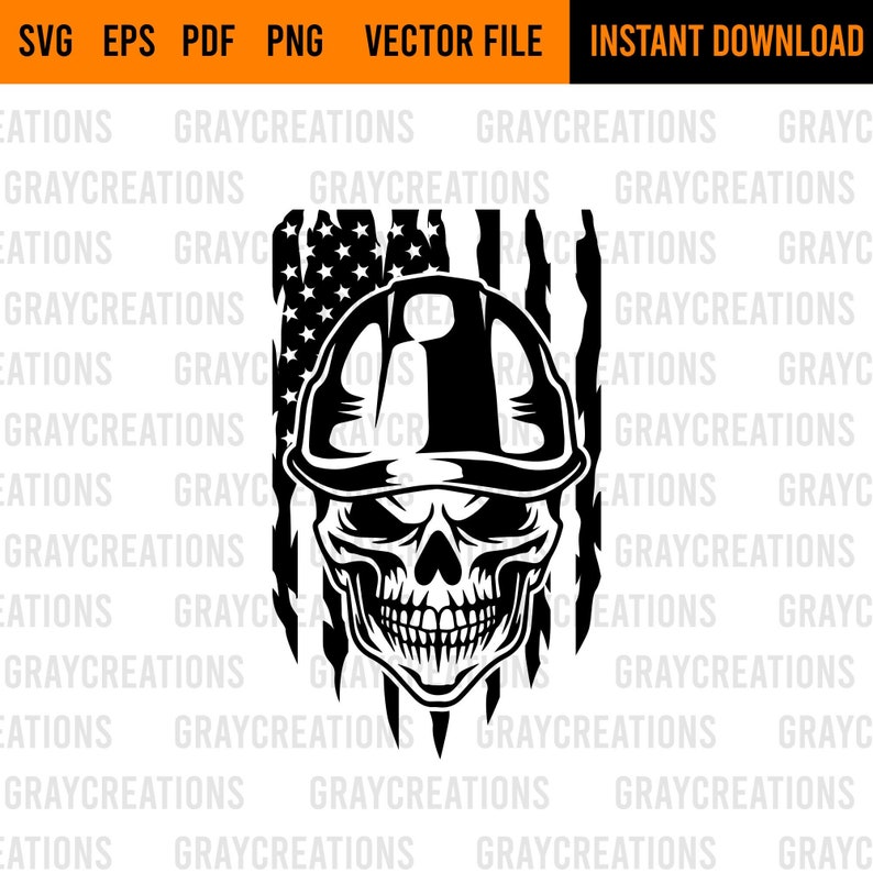 May include: Black and white illustration of a skull wearing a hard hat in front of an American flag. The skull is smiling and has a determined look on its face.