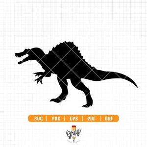 Puede incluir: Silueta negra de un dinosaurio Spinosaurus con una gran aleta dorsal, boca abierta y dientes afilados. La imagen incluye opciones de formato de archivo: SVG, PNG, EPS, PDF y DXF. El logotipo de Gray Creations Art está en la parte inferior.