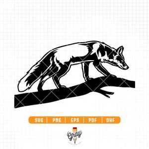 May include: A black and white silhouette of a fox walking on a tree branch. The fox is facing the left side of the image.