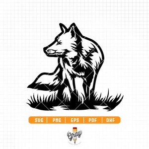 May include: Black and white silhouette of a fox standing in tall grass. The fox is facing to the left and has its tail curled around its body.
