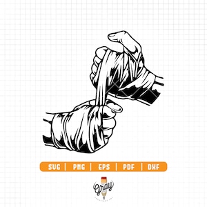 May include: Black and white illustration of a hand wrapping another hand with athletic tape. The hands are in a boxing or martial arts pose.