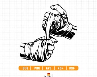 May include: Black and white illustration of a hand wrapping another hand with athletic tape. The hands are in a boxing or martial arts pose.