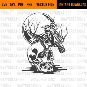 Raven on skull full moon svg /skull svg / Raven full moon svg