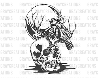 Puede incluir: Ilustración en blanco y negro de un cuervo posado en una rama que crece de un cráneo. El cuervo está mirando hacia la derecha y el cráneo hacia la izquierda. El cuervo tiene un pico largo y una cola larga. El cráneo tiene una mandíbula larga y una nariz larga. La rama es delgada y tiene muchas ramas pequeñas. El fondo es blanco.