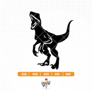 Può includere: Silhouette nera di un dinosauro velociraptor con la bocca aperta, in piedi su due gambe con la coda arrotolata.
