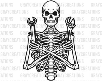 Mechanic Skeleton hoilding wrench svg / skull mechanic svg /open wrench and adjustable wrench svg