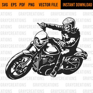Skeleton Biker riding motorcycle svg / low ride biker skull head svg / skeleton fire helmet svg