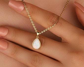 Silver Women Pear Opal Necklace Jewelry, October Birthstone Jewelry, Natural Opal Necklace, Opal Charm Pendant Vintage Opal Necklace Jewelry