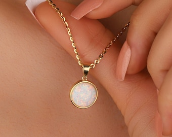 Women Circle White Opal Delicate Necklace, Dainty Round Opal Silver Necklace, Genuine Vintage Opal Jewelry, Birthstone Opal Pendant Necklace