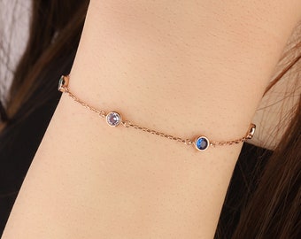 Dainty Personalized Birthstone Bracelet, Charm Family Rose Gold Bracelet, Minimal Gold Plated Bracelet, Minimalist Bracelet Girl friend Gift