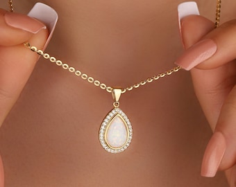 White Pear Opal Silver Opal Necklace, Dainty Genuine Gold Opal Teardrop Necklace, Vintage Opal Charm Necklace Jewelry, Opal Birtstone
