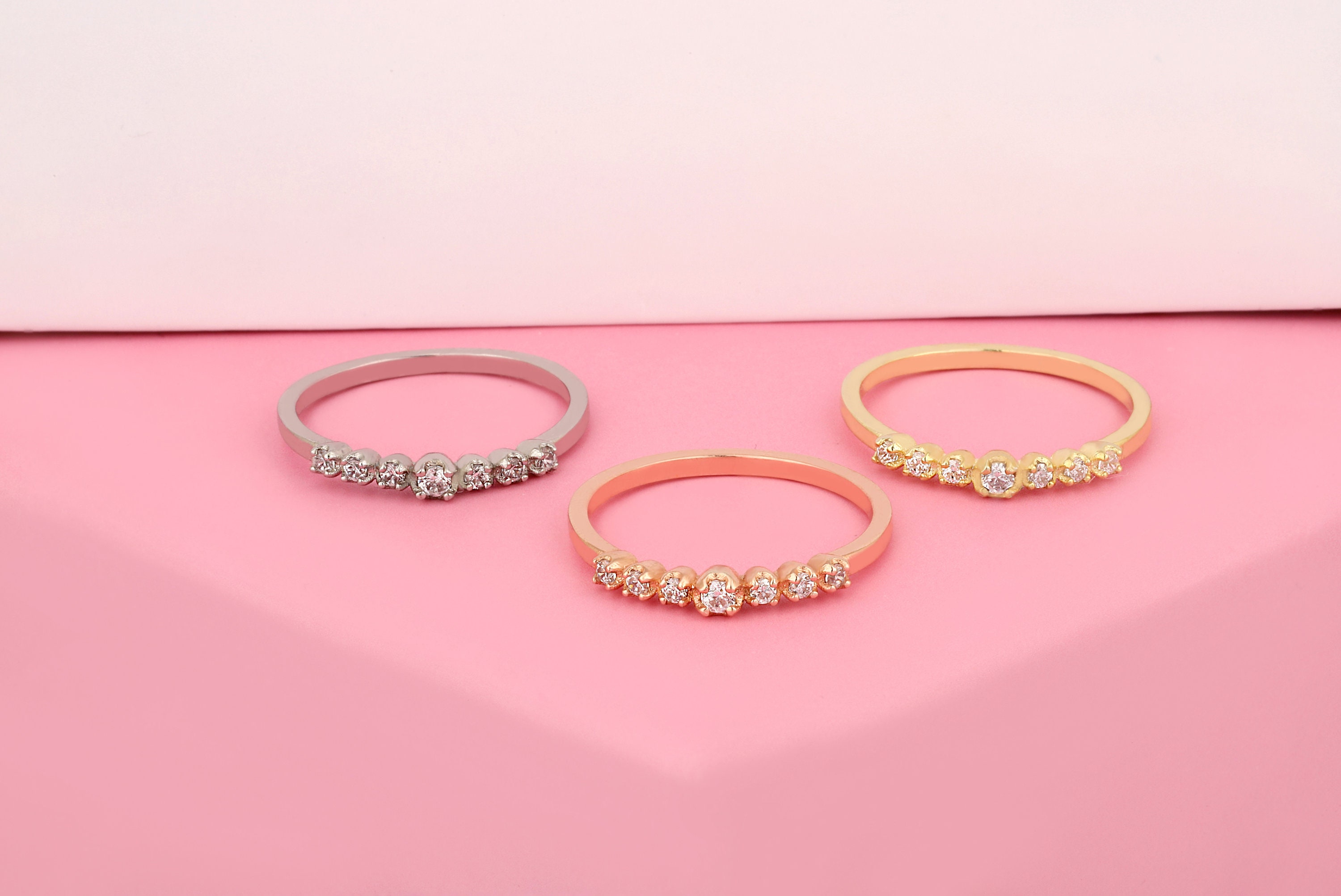 14K Solid Gold Dainty Wedding Ring With Brillant Stones White Etsy