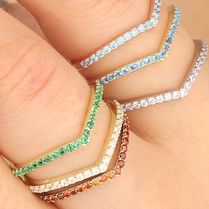 Personalized Birthstone Family Half Eternity Chevron V Birthstone Ring, Women Gift, Stackable Band Ring Birthstone Gift For Her, mothers day