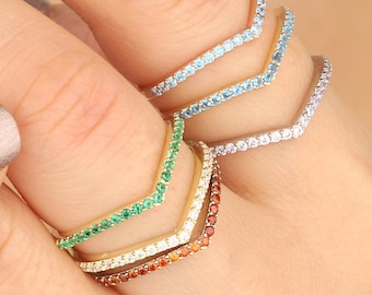 Personalized Birthstone Family Half Eternity Chevron V Birthstone Ring, Women Gift, Stackable Band Ring Birthstone Gift For Her, mothers day