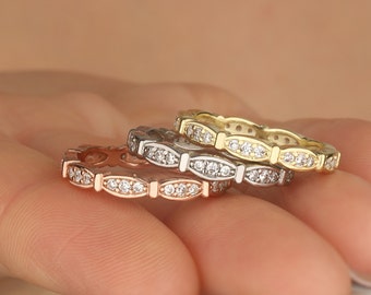 Women Initial 14K Solid Gold Eternity Band Ring, Stackable Real Gold Rings, Dainty Wedding 18K Gold Unique Ring, Gift For Her, Mom Gifts