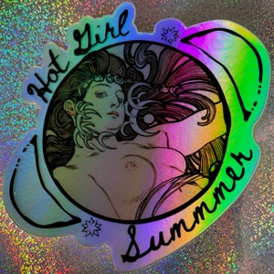 May include: Holographic sticker featuring a vintage-style illustration of a woman with long hair, framed by the words "Hot Girl Summer." The design includes a crescent moon and star accents, with a color gradient of pink, green, and yellow.