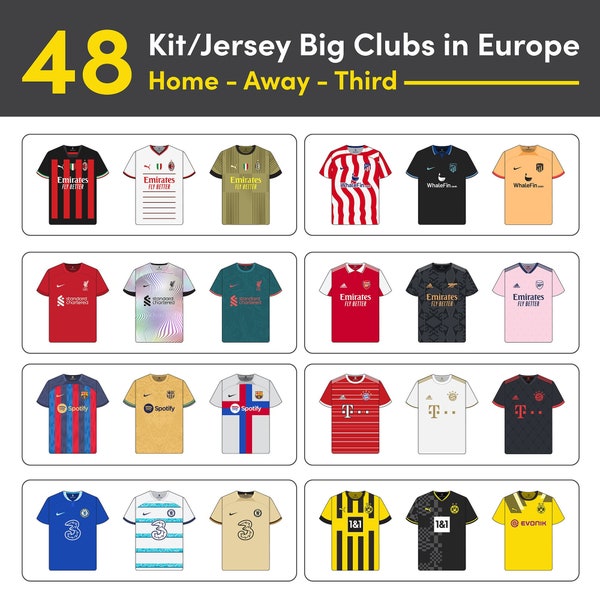 48 Kit/Jersey Big Clubs Europe, Digital & Printable for Sticker, Banner, Keychain, etc Madrid | Liverpool | Bayern | Milan (Original Art)