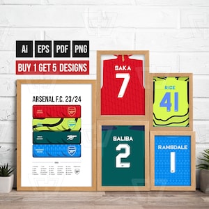 Könnte beinhalten: Fünf druckbare Designs mit Trikots des Arsenal Football Club mit Spielernamen und Nummern. Die Trikots sind rot, grün, gelb und blau. Die Designs beinhalten auch einen Mannschaftskader für die Saison 2023-2024.
