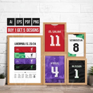 Puede incluir: Impresiones enmarcadas con camisetas del Liverpool F.C. y detalles del equipo. Incluye camisetas con nombres y números: M. Salah 11, Szoboszlai 8, Virgil 4 y Alisson 1. También se ve el texto "BUY 1 GET 5 DESIGNS".