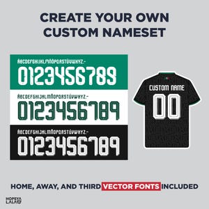 May include: A custom nameset graphic featuring three font styles in green, dark green, and black with white outlines, including numbers 0-9 and the alphabet. A black jersey with the text CUSTOM NAME and the number 00 is displayed on the right side.