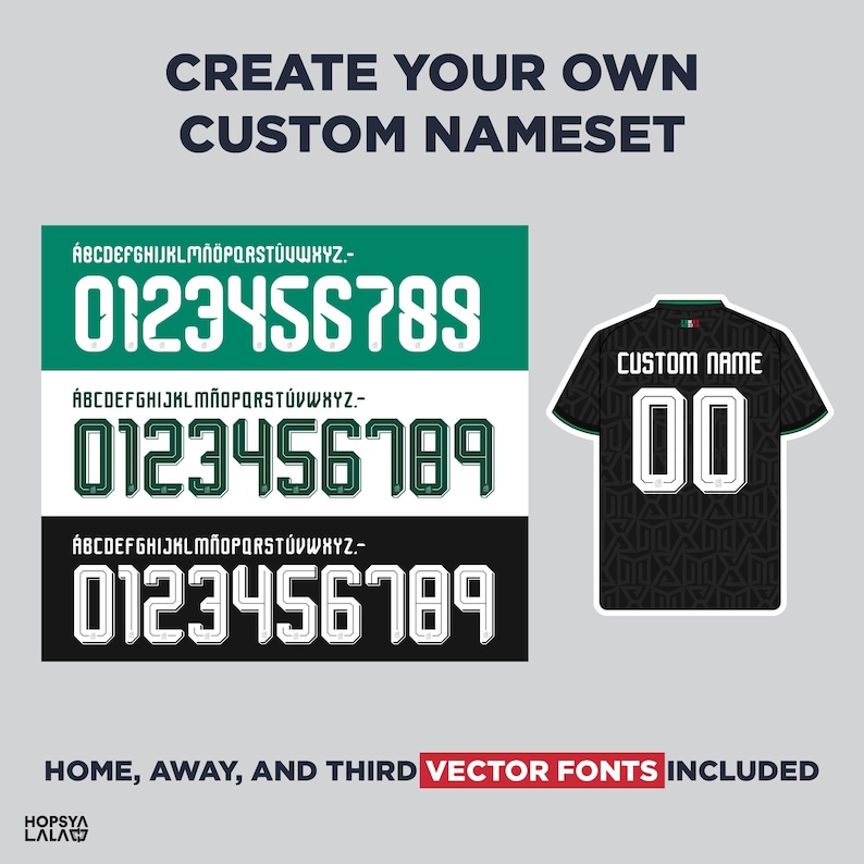 May include: A custom nameset graphic featuring three font styles in green, dark green, and black with white outlines, including numbers 0-9 and the alphabet. A black jersey with the text CUSTOM NAME and the number 00 is displayed on the right side.