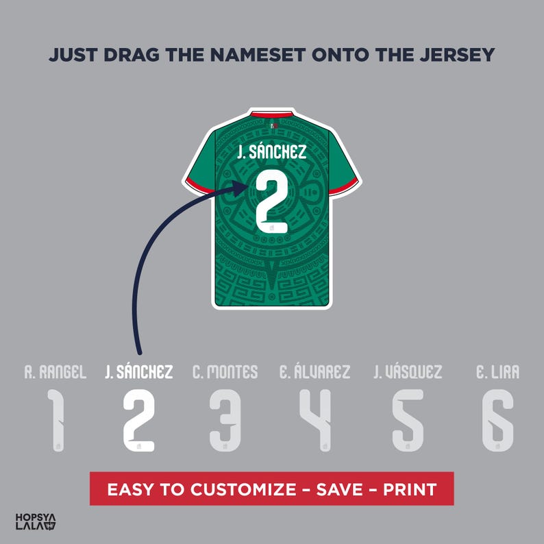May include: A green soccer jersey with a white number 2 and the name J. S&Aacute;NCHEZ on the back. The text reads JUST DRAG THE NAMESET ONTO THE JERSEY and EASY TO CUSTOMIZE - SAVE - PRINT. Below are names and numbers 1 through 6 for customization.