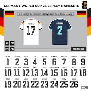 May include: Germany World Cup 26 jersey namesets vector files including Ai, PDF, SVG, and PNG formats. Features a white home jersey with Wirtz 17 and a dark blue away jersey with Rüdiger 2, plus a full list of player names and numbers 1 through 26.