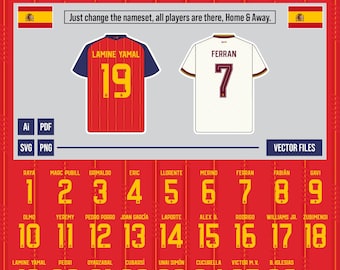 Spain World Cup 2026 - Home, Away, Third Kit Nameset | Vector Pack I Digital Jersey | Football Printable | Soccer Printable