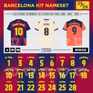 May include: Image of Barcelona kit namesets. The image shows three football shirts: a blue and maroon striped home kit, a cream away kit, and an orange third kit. Each shirt has a player's name and number. Below are player names and numbers.