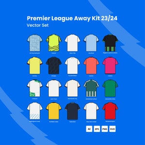 20 Premier League Away Jersey 23/24 with New Numbers and Lettering Vector Pack | Digital | EPL | Liverpool | Man United | Arsenal | Chelsea