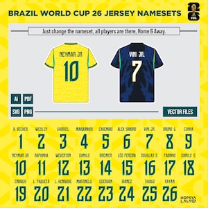 Puede incluir: Un gráfico digital que muestra conjuntos de nombres para camisetas de la Copa Mundial 26 de Brasil. Incluye una camiseta amarilla con Neymar Jr 10 y una azul con Vini Jr 7. Debajo aparecen nombres de jugadores numerados del 1 al 26 en una fuente.