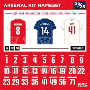 May include: Arsenal kit nameset graphic featuring three jerseys: red with white sleeves, blue with a geometric pattern, and white with maroon accents. Player names and numbers are displayed, along with a list of player names and numbers.