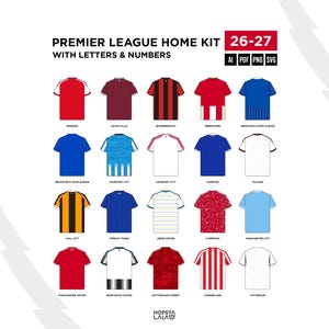 May include: A digital graphic titled PREMIER LEAGUE HOME KIT 26-27 WITH LETTERS & NUMBERS, displaying twenty illustrated football shirts in various colours and patterns, labelled with team names including Arsenal, Aston Villa, and others.