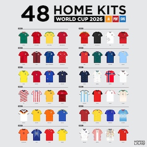 Può includere: Un grafico digitale che mostra 48 maglie da calcio per la Coppa del Mondo 2026, organizzate in gruppi dalla A alla L. L'immagine include varie maglie colorate con motivi distinti, loghi ed etichette di testo per ogni squadra nazionale.
