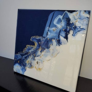 Blue and White Resin with gold accents Acrylic Swirl Painting