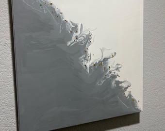 Grey and White Resin with gold accents Acrylic Swirl Painting